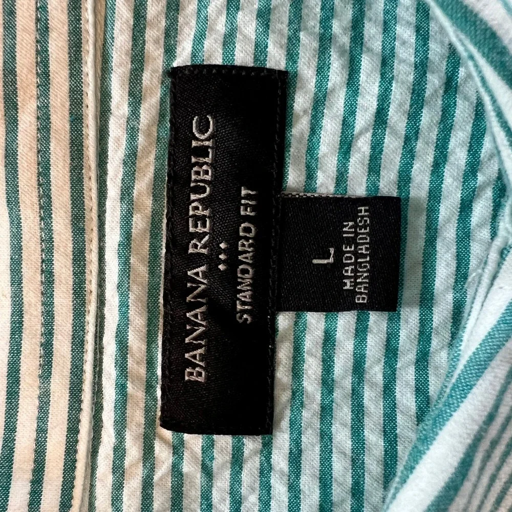 Banana Republic Button Down Shirt Cotton Seersucker Green White Striped Preppy L